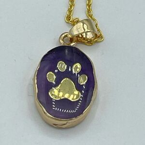 Amethyst crystal oval pendant paw print necklace gold tone purple 20” chain NEW